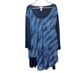 Catherines Blue Geometric Chiffon Layered Stretch 3/4 Sleeve Tunic‎ Top Size 4X